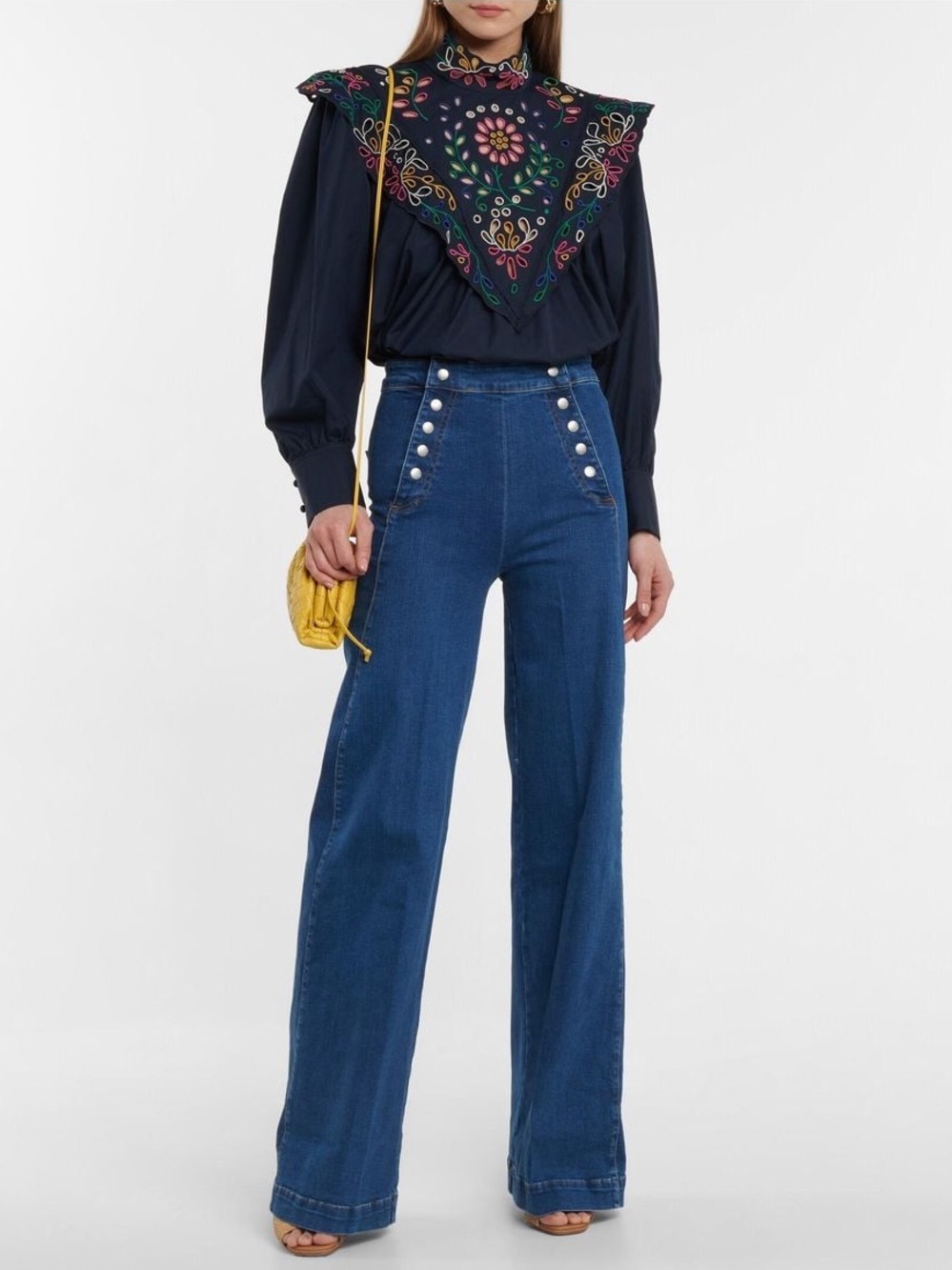 Frame Sailor Snap High-Rise Wide-Leg Jeans
Size 27. Stretch, long in-seam